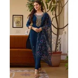 SZN Women Embroidered Regular Chanderi Silk Kurta with Trousers & With Dupatta-picture-26