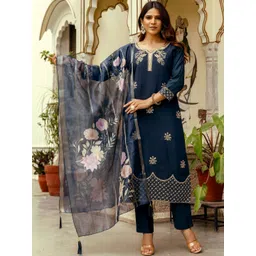 SZN Women Ethnic Motifs Embroidered Regular Thread Work Chanderi Silk Kurta with Trousers & With Dupatta-picture-26