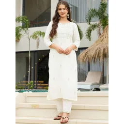 SZN Women Ethnic Motifs Embroidered Regular Thread Work Kurta with Trousers & With Dupatta image 3