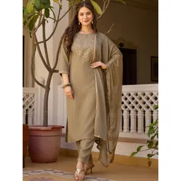 SZN Women Ethnic Motifs Embroidered Regular Thread Work Kurta with Trousers & With Dupatta image 1
