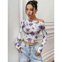 SZN Women Floral Print Off-Shoulder Net Crop Top-picture-29