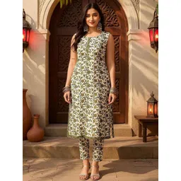 SZN Women Floral Printed Cotton Kurta with Trousers-picture-37