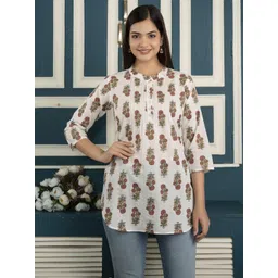 SZN Women Off White Mandarin Collar Floral Printed Tunic-picture-19