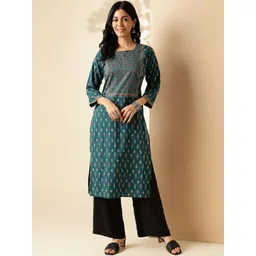 SZN Women Teal Floral Printed Keyhole Neck Floral Kurta-picture-40