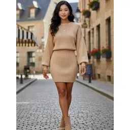 szn Women's Solid Ribbed Knit Bodycon Sweater Dress Beige-picture-16