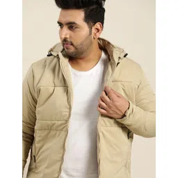Sztori Men Plus Size Beige Solid Padded Jacket with Detachable Hood-picture-40