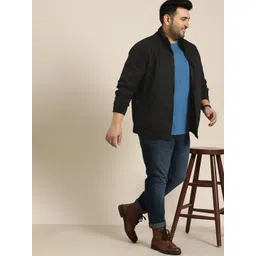 Sztori Men Plus Size Black Solid Mock Collar Bomber Jacket-picture-24