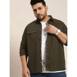 Sztori Men Plus Size Olive Green Solid Oversized Pure Cotton Woven Casual Shirt-picture-18