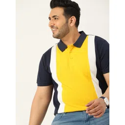 Sztori Men Plus Size Yellow & Navy Blue Pure Cotton Colourblocked Polo Collar T-shirt-picture-19
