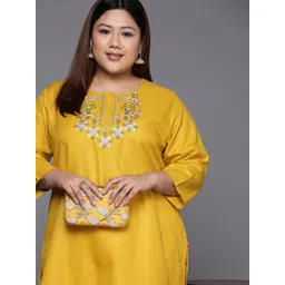 Sztori Plus Size Floral Embroidered Round Neck Cotton Straight Kurta-picture-22