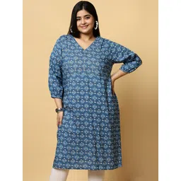 Sztori Plus Size Floral Printed V-Neck Pure Cotton Straight Kurta-picture-41