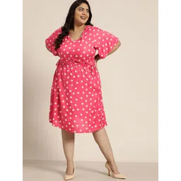 Sztori Plus Size Pink & White Polka Dots Printed Tie-Up Detail A-Line Dress-picture-33