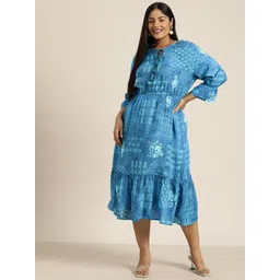 Sztori Plus Size Print Tie-Up Neck Bell Sleeve Blouson Midi Dress-picture-14