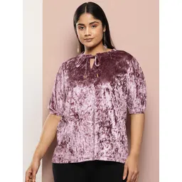 Sztori Plus Size Solid Tie-Up Neck Puff Sleeve Velvet Top-picture-15