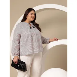 Sztori Plus Size Vertically Striped Gathered Detail Tie-Up Neck A-Line Top-picture-21