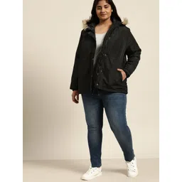 Sztori Women Black Solid Plus Size Hooded Parka Jacket-picture-24