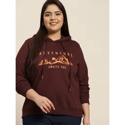 Sztori Women Plus Size Maroon Printed Hooded Sweatshirt-picture-25