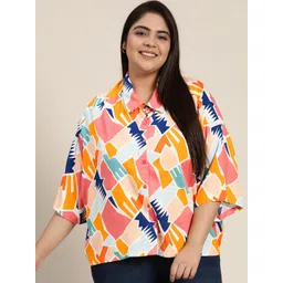 Sztori Women Plus Size Mustard Yellow & White Printed Casual Shirt-picture-13