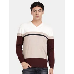 t-base Colourblocked V-Neck Ribbed Cotton Pullover-picture-25