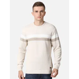 t-base Men Beige & White Striped Cotton Pullover-picture-35