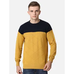 t-base Men Mustard & Black Colourblocked Cotton Pullover-picture-10