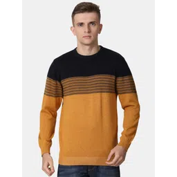 t-base Men Mustard & Black Striped Colourblocked Cotton Pullover-picture-37