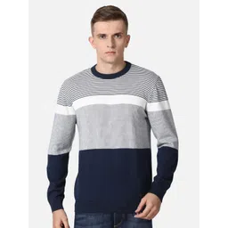 t-base Men Navy Blue & Grey Striped Cotton Pullover-picture-13