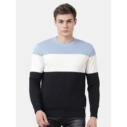 t-base Men Navy Blue & White Colourblocked Striped Pullover-picture-18