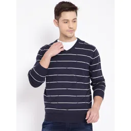 t-base Men Navy Blue & White Striped Cotton Pullover-picture-43