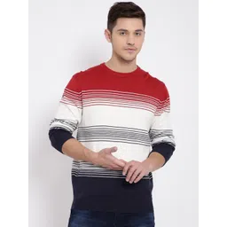 t-base Men Orange & White Striped Cotton Pullover Sweater-picture-36