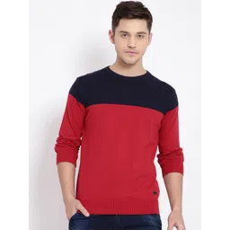 t-base Men Red & Navy Blue Colourblocked Pullover Sweater-picture-27