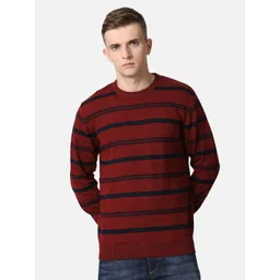 t-base Men Red & Navy Blue Striped Cotton Pullover image 1