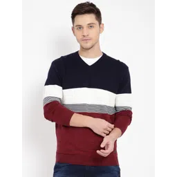 t-base Men Red & Navy Blue Striped Cotton Pullover Sweater-picture-15