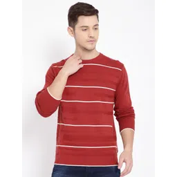 t-base Men Rust & White Striped Cotton Pullover Sweater-picture-33