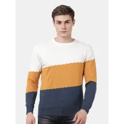 t-base Men Yellow & Blue Colourblocked Pullover image 1