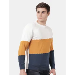 t-base Men Yellow & Blue Colourblocked Pullover image 5