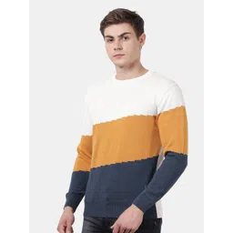 t-base Men Yellow & Blue Colourblocked Pullover image 3