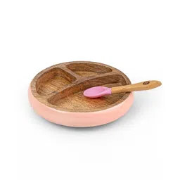 Taabartoli Wooden Round Plate with Silicone Suction and Spoon - Pink-picture-20