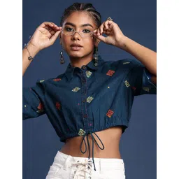 Taavi Floral Embroidered Shirt Collar Woven Legacy Shirt Style Top-image-37