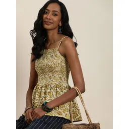 Taavi Floral Print Smocked Pure Cotton Peplum Top-picture-30