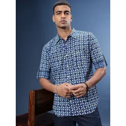 Taavi Men Comfort Indigo Hand Block Printed Geometric Pure Cotton Casual Shirt-picture-17