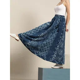 Taavi Navy Blue & Off-White Indigo Dyed Sustainable Pure Cotton Maxi Flared Skirt-picture-39