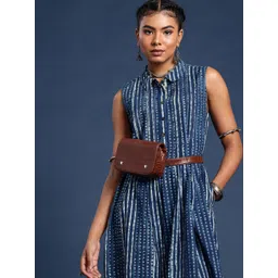 Taavi Striped Hand Block Printed Pleated Sustainable Pure Cotton A-Line Mid Dress-picture-19