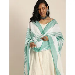 Taavi White & Green Ethnic Motifs Woven Design Pure Cotton Ikat Dupatta-picture-21