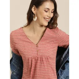 Taavi Women Coral Woven Legacy Cotton Striped A-Line Dress-image-30