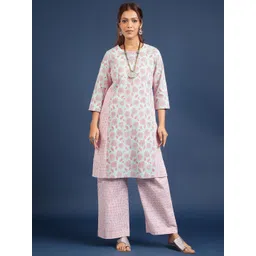 Taavi Women Floral Hand Block Print Cotton Kurta with Trousers-picture-27