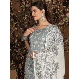 Taavi Women Floral Hand Block Print Pure Cotton Kurta With Trousers & Dupatta-picture-16