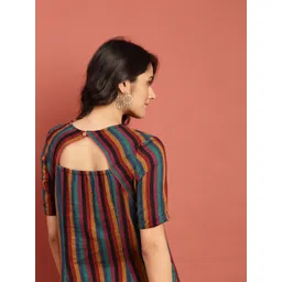 Taavi Women Multicoloured Striped Woven Legacy Straight High-Low Sustainable Kurta with Styled Back-image-34