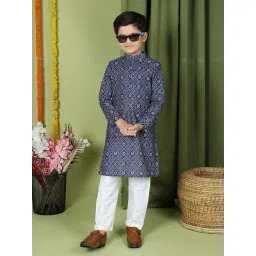 TABARD Kids Navy & White Printed Full Sleeves Kurta with Pyjamas-picture-32