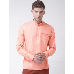 TABARD Men Peach-Coloured Solid Cotton Mandarin Collar Kurta-picture-37
